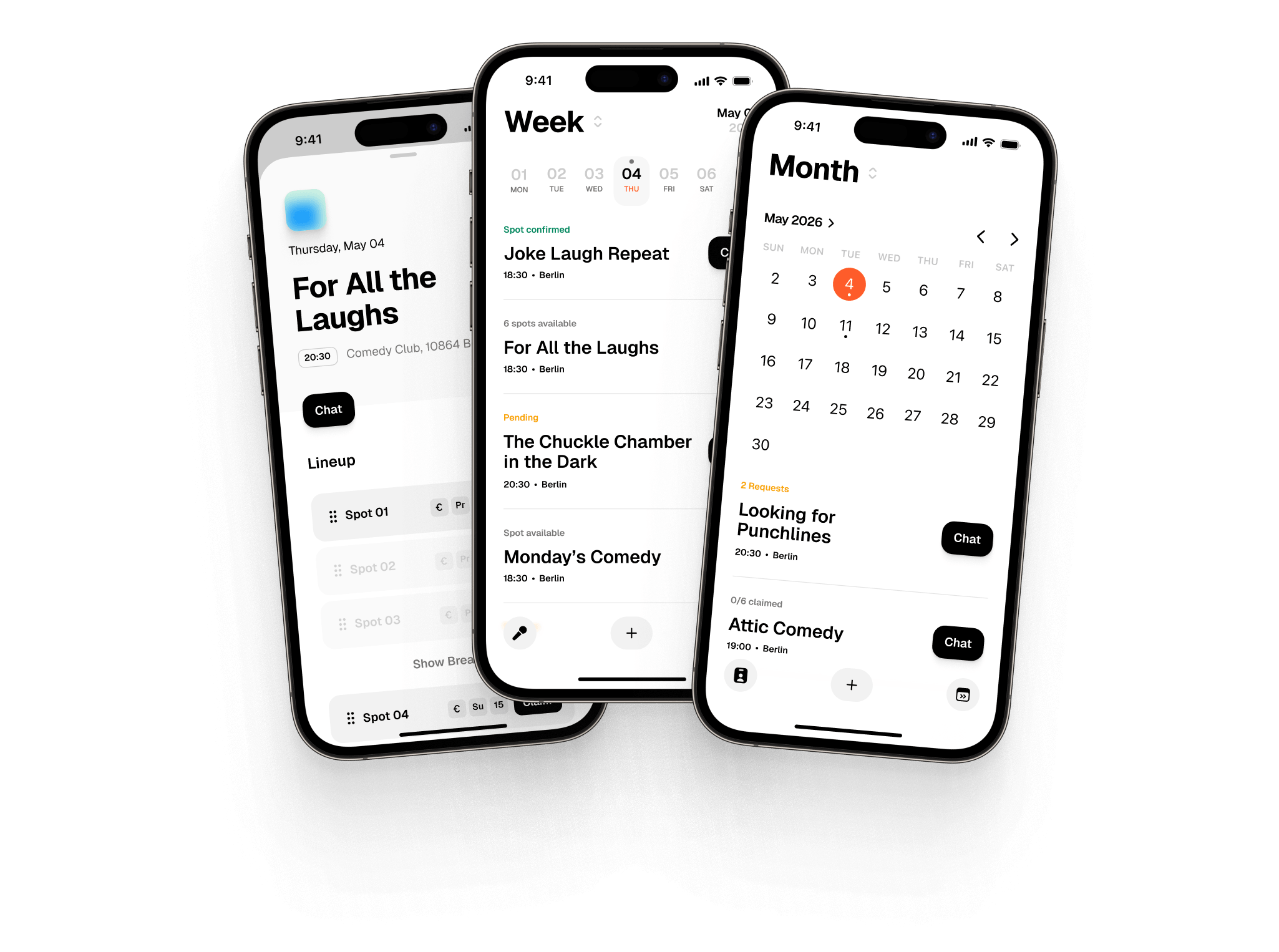 Three Jerry app screens showing a comedy calendar